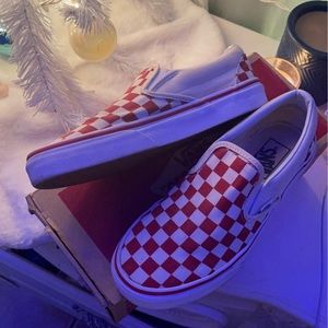 Red checkered van slip ons